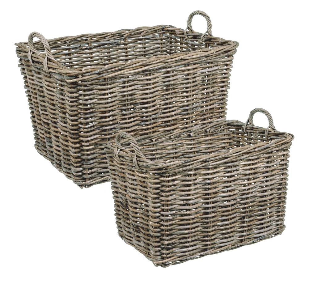 Cesto legna rattan grigio rettangolare con manici Large