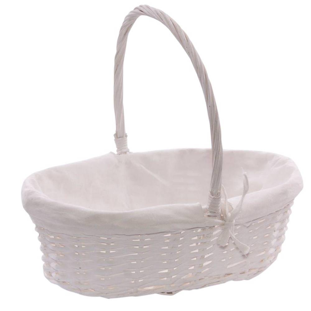 Cesto ovale vimini laccato bianco con manico e fodera cm 40x28