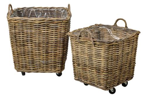 Cesto quadrato rattan grigio con maniglie e ruote