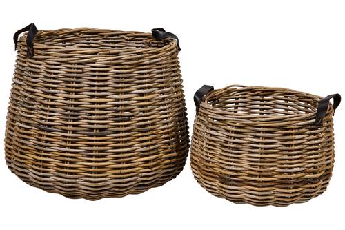 Cesto stondato rattan grigio con manici in pelle