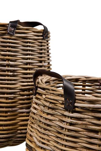 Cesto stondato rattan grigio con manici in pelle