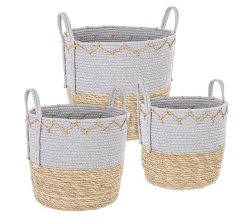 Cesto tondo paglia naturale e cotone grigio con manici
