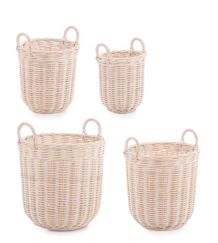 Cesto tondo rattan sbiancato con manici alto e cilindrico