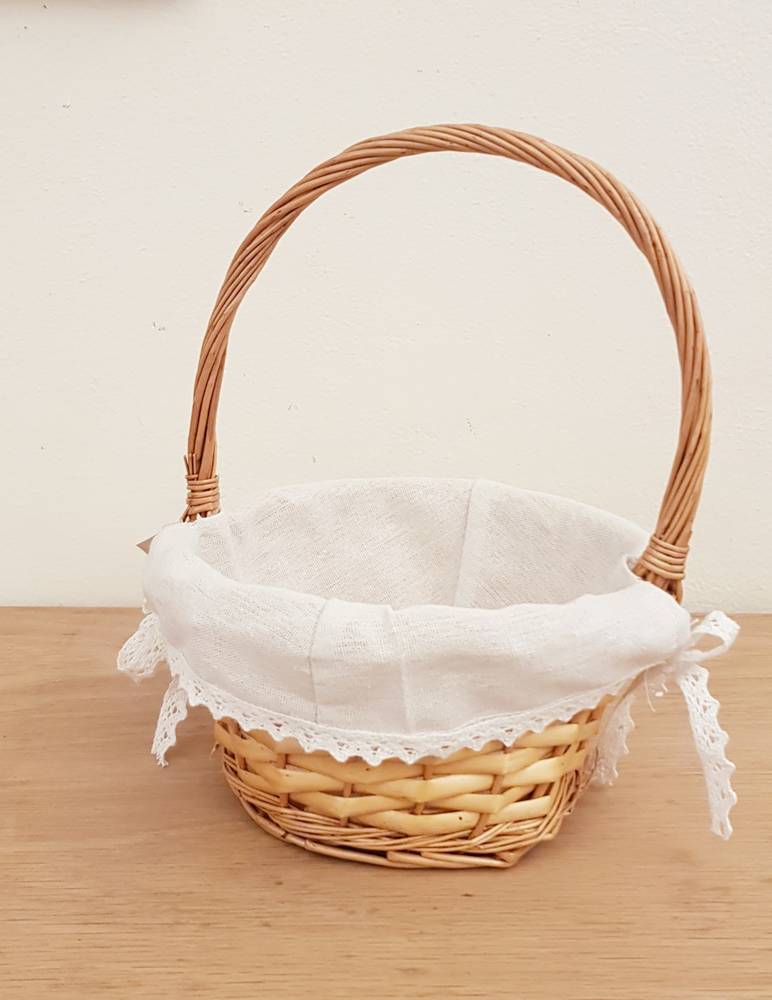 Cesto tondo vimini naturale con manico e fodera pizzo cm 22