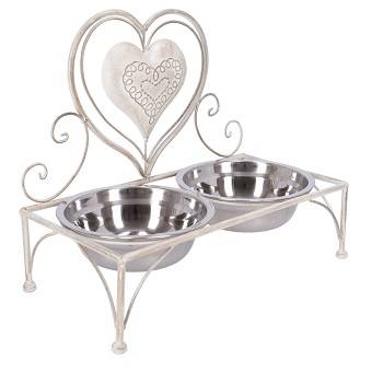Ciotole cane gatto supporto ferro bianco shabby con cuore