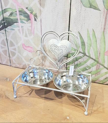 Ciotole cane gatto supporto ferro bianco shabby con cuore