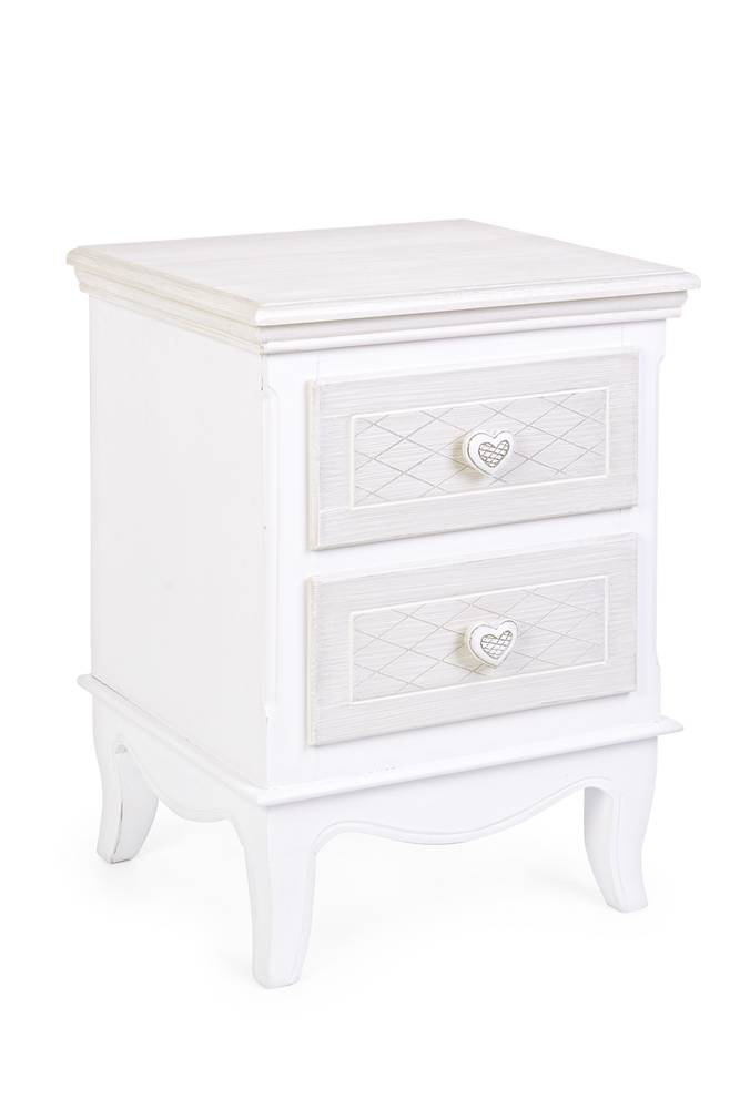 Comodino legno bianco decapato pomolo cuore 2 cassetti