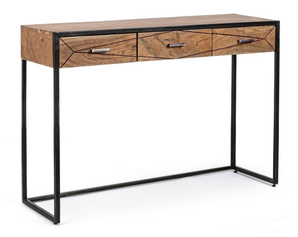 Consolle 3 cassetti stile industrial acciaio nero e legno acacia