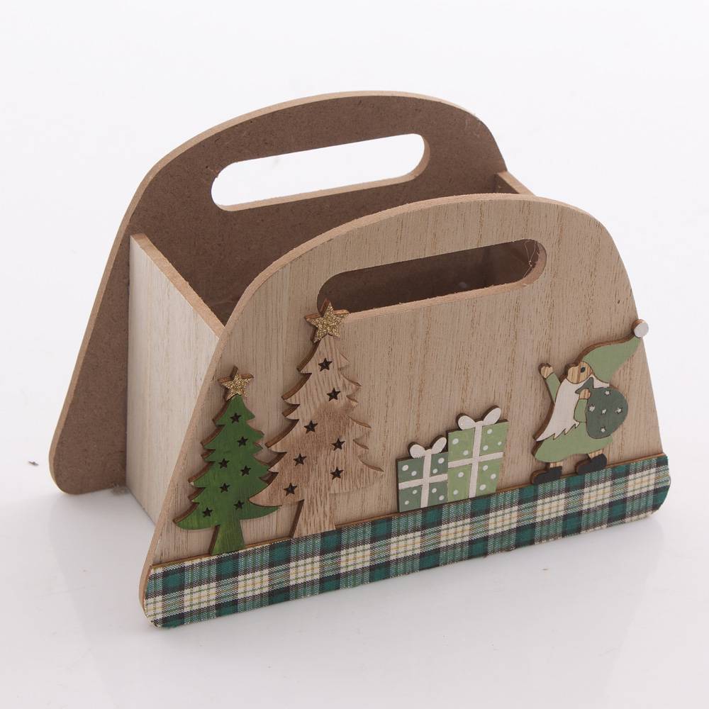 Contenitore legno sportina natalizia con babbo e alberi 14h