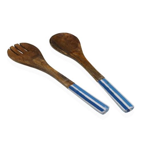 Coppia mestoli da insalata Oceanic legno decorato vetrificato azzurro