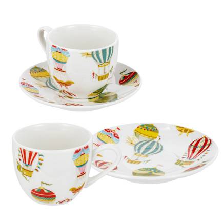 Coppia tazzine caffè con piattino Mongolfiere colorate porcellana