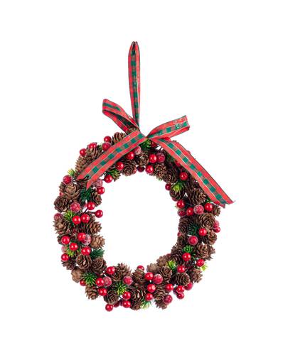 Corona natale pigne piccole e bacche rosse con nastro scozzese 30cm