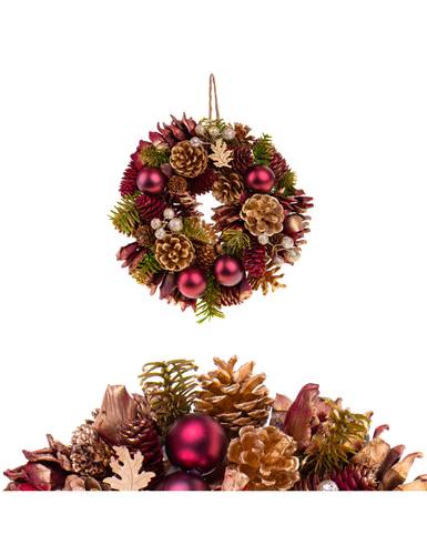 Corona natale pigne vegetali bordeaux e oro 25cm
