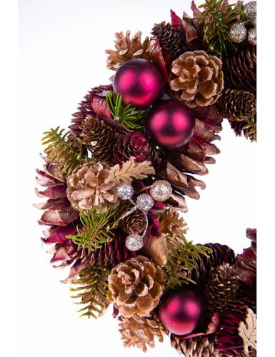 Corona natale pigne vegetali bordeaux e oro 30cm