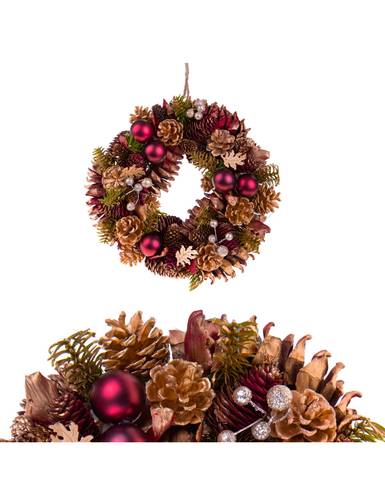 Corona natale pigne vegetali bordeaux e oro 30cm