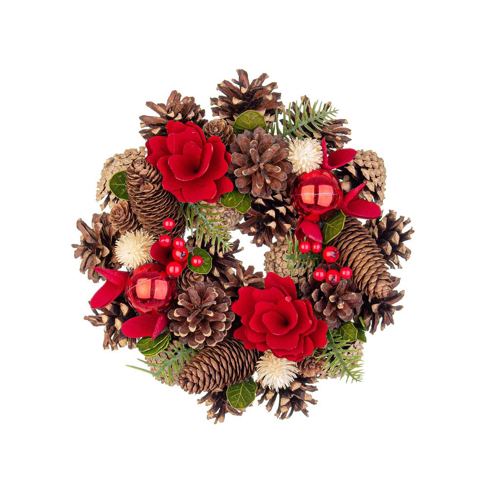 Corona natale pigne vegetali e fiori rossi in legno 26cm