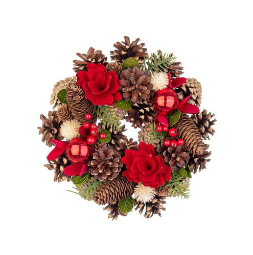 Corona natale pigne vegetali e fiori rossi in legno 26cm