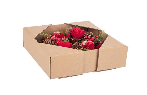 Corona natale pigne vegetali e fiori rossi in legno 26cm