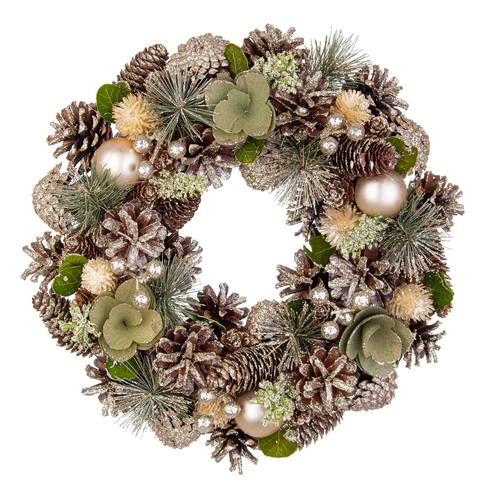 Corona natale pigne vegetali e fiori verdi con sfere oro 34cm