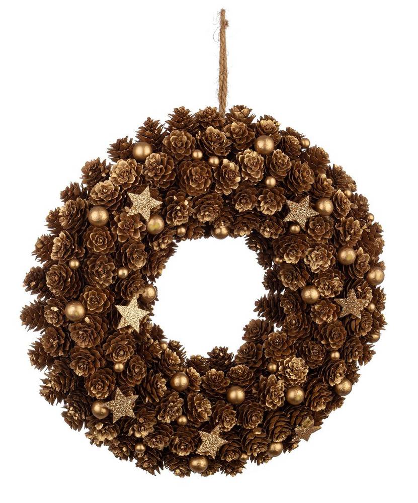 Corona natale pigne vegetali e stelline dorate cm33