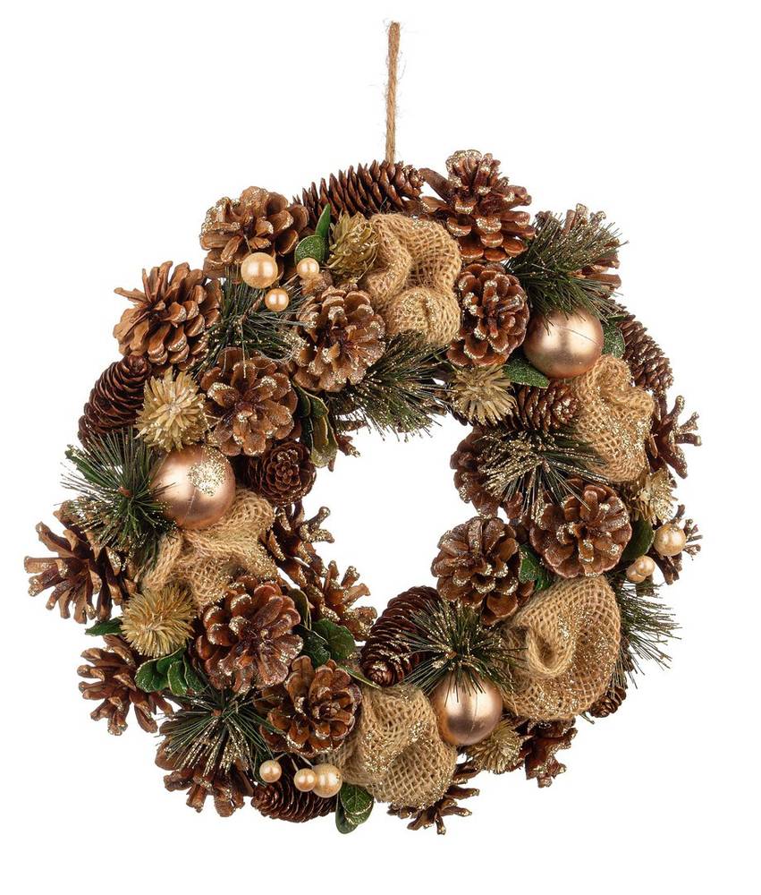 Corona natale pigne vegetali marroni e sfere champagne 34cm
