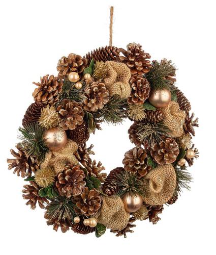 Corona natale pigne vegetali marroni e sfere champagne 34cm