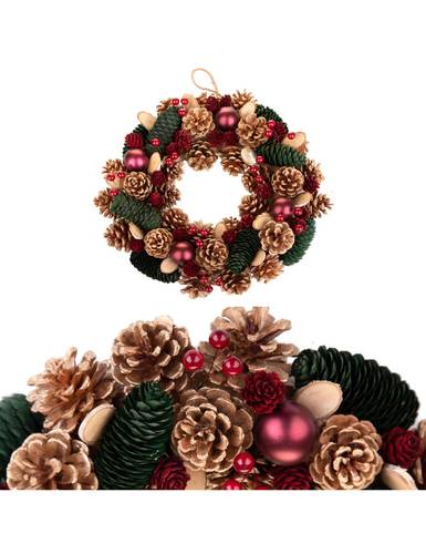 Corona natale pigne vegetali verdi sfere bordeaux 36cm