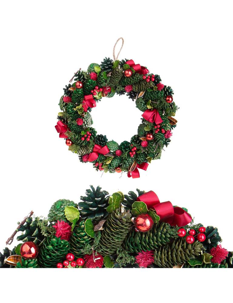Corona natale pigne verdi e fiocchi rossi 30cm