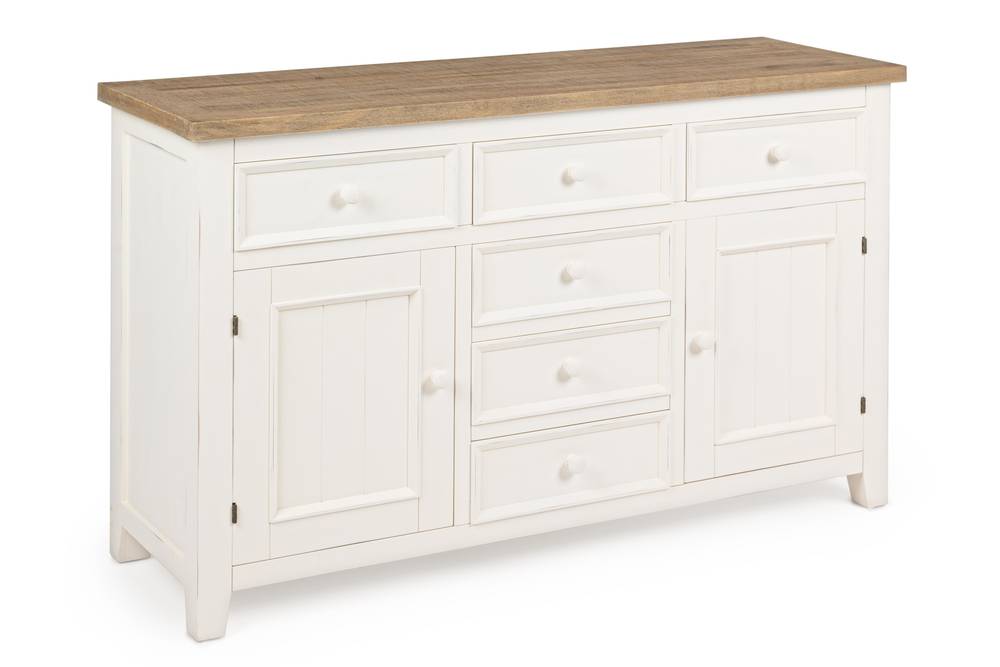 Credenza 2 ante e 6 cassetti legno bianco top naturale cm 122