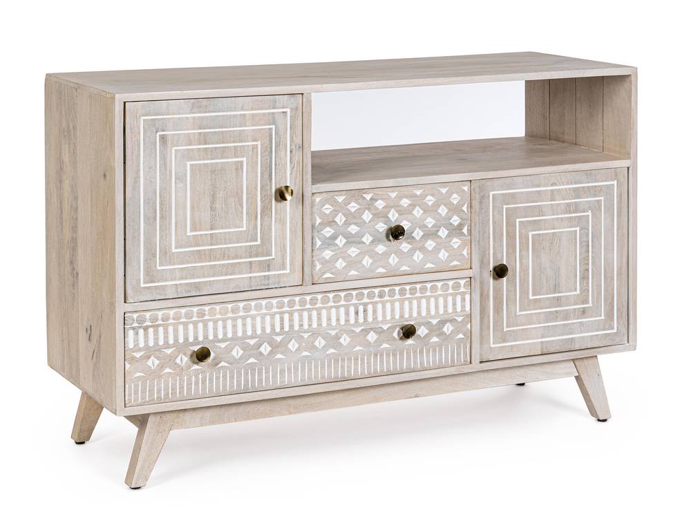 Credenza Indira legno naturale sbiancato 2 cassetti e 2 ante con vano