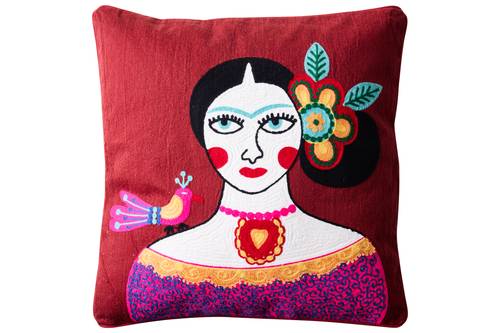 Cuscino Embroidery donna con uccellino fondo rosso 50x50