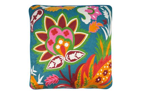 Cuscino Embroidery fiore colorato ricamato fondo blu pavone 50x50