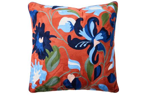 Cuscino Embroidery fiori blu su fondo arancio 50x50
