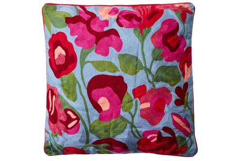 Cuscino Embroidery fiori rosa su fondo azzurro 50x50