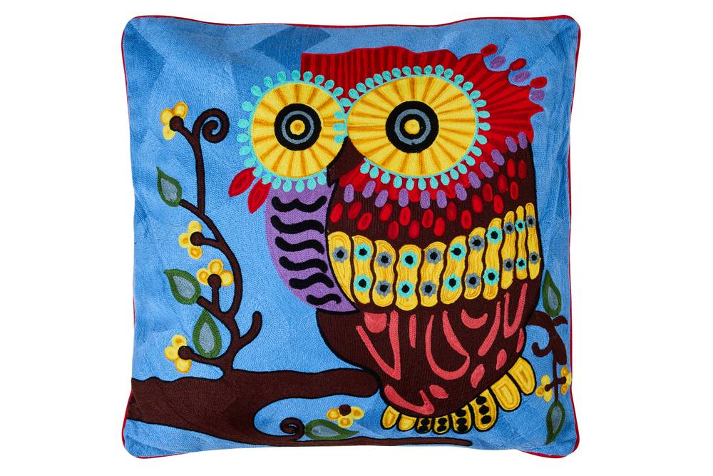 Cuscino Embroidery gufo rosso ricamato colorato sfondo blu 50x50