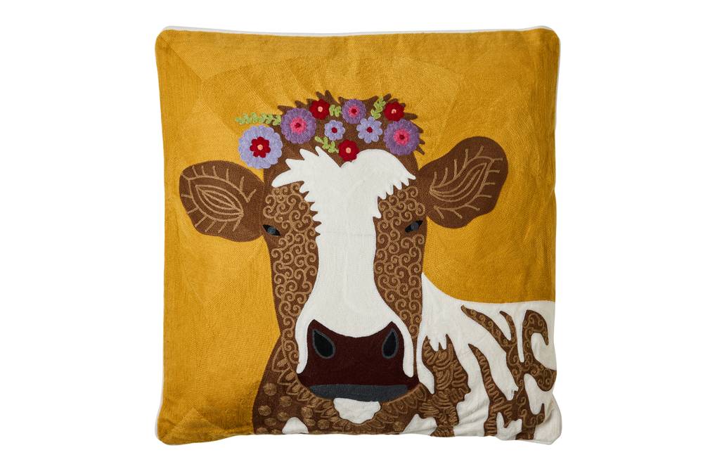 Cuscino Embroidery mucca con ghirlanda di fiori 50x50
