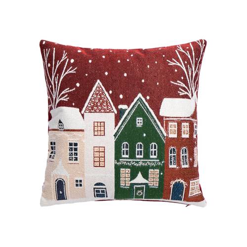 Cuscino Villaggio Natale Casette fondo rosso 45x45