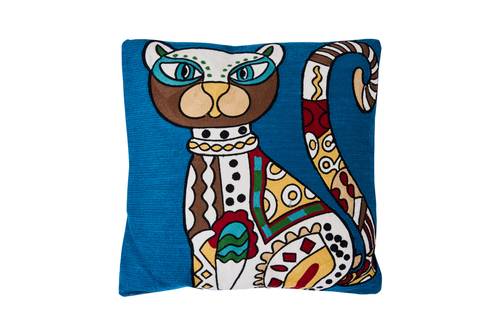 Cuscino Embroidery gatto ricamato colorato sfondo blu 50x50