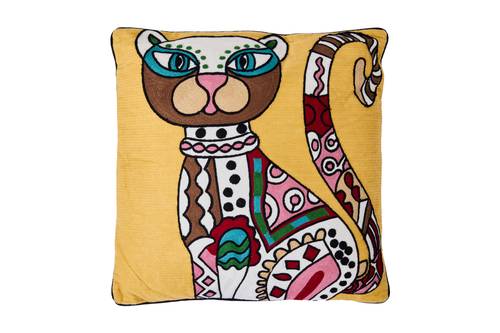 Cuscino Embroidery gatto ricamato colorato sfondo giallo 50x50