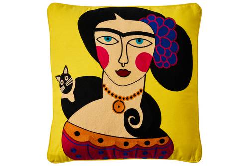 Cuscino Embroidery modern art giallo donna con gatto al collo 50x50