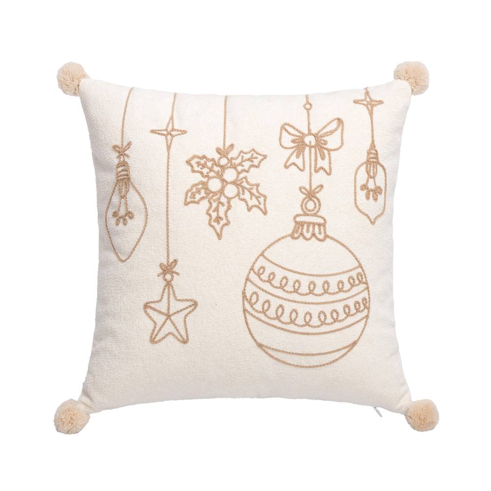 Cuscino natalizio ricamo pendagli avorio con pon pom 45x45