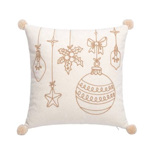 Cuscino natalizio ricamo pendagli avorio con pon pom 45x45