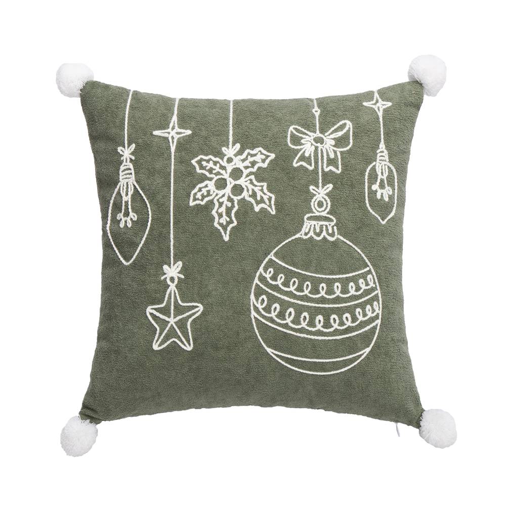 Cuscino natalizio ricamo pendagli verde con pon pom 45x45