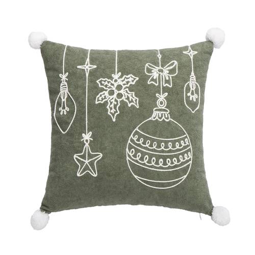 Cuscino natalizio ricamo pendagli verde con pon pom 45x45