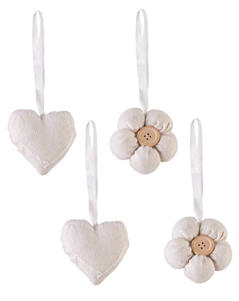 Decorazione cuore-fiore tessuto ecru 4 pz