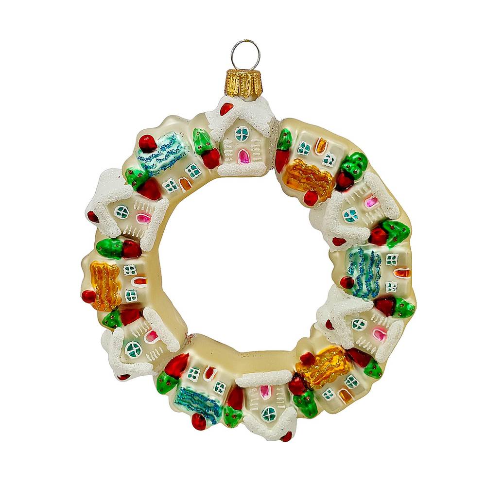 Decoro vintage natalizio vetro ciambella con casette per albero