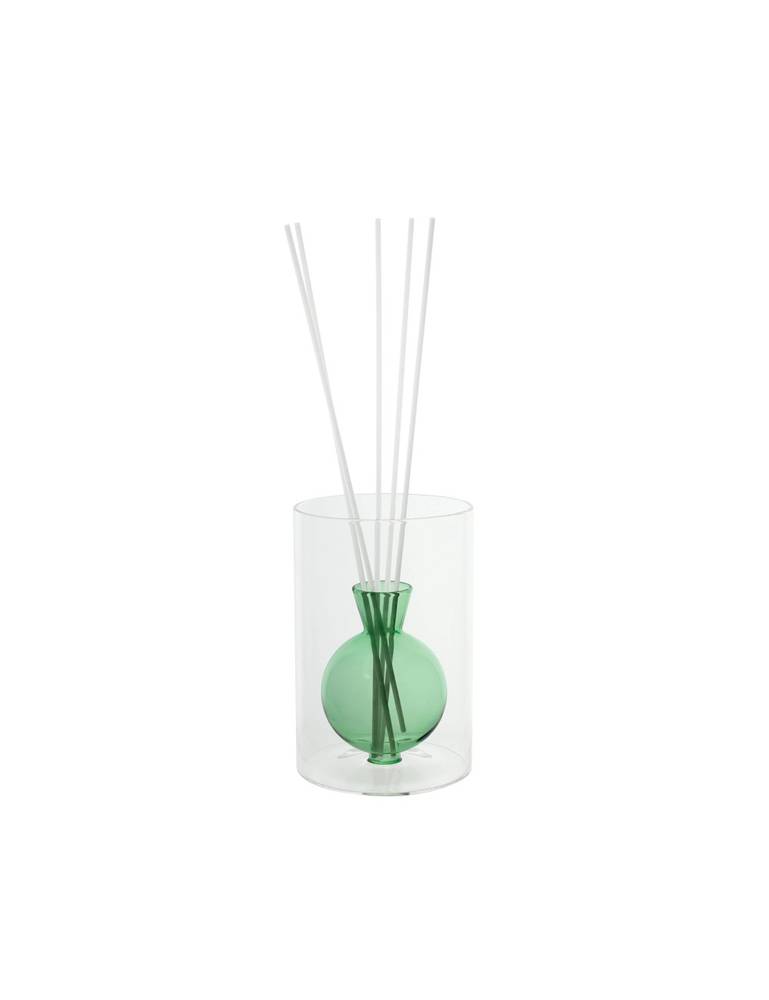 Diffusore profumo vetro vaso tondo verde con bastoncini bianchi