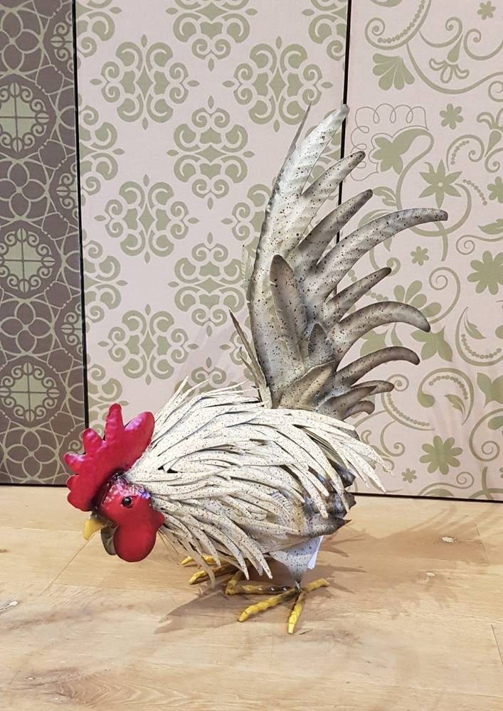 Gallo bianco cresta rossa che becca a testa in giù ferro dipinto 57h