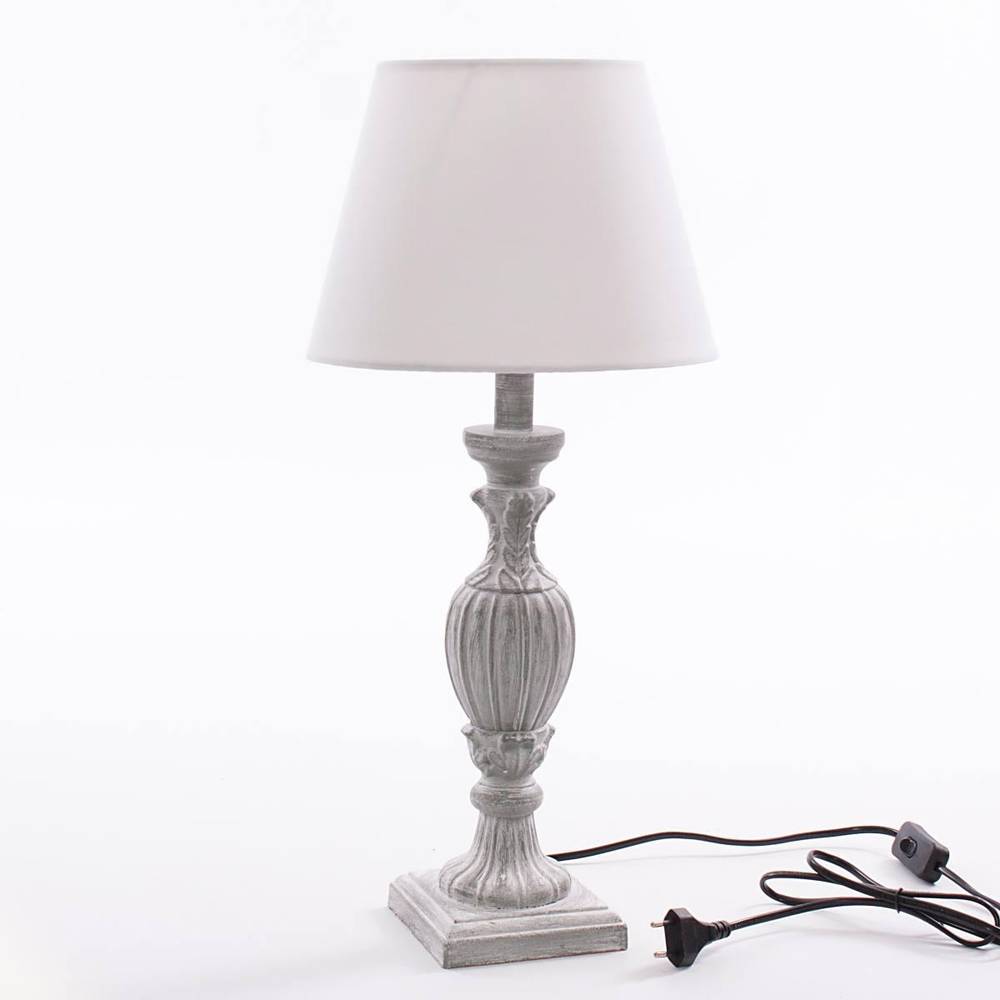 Lampada Da Tavolo Vintage Shabby Chic Grigia Con Base Effetto Legno E Paralume Tessuto - 48,5 Cm