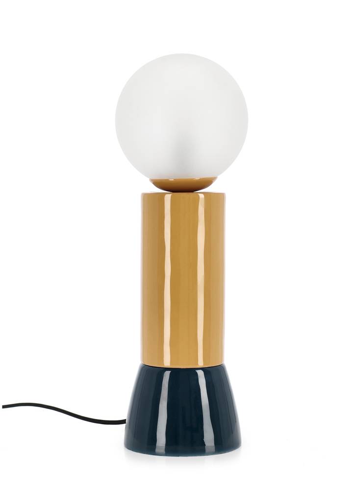 Lampada da tavolo sfera vetro  e base metallo senape-blu 47h